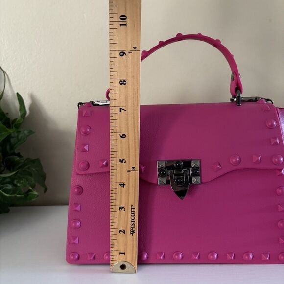 Hot Pink Handbag Spiky Studded Over Flap Top Handle Purse Bold Shoulder Strap - Picture 7 of 9
